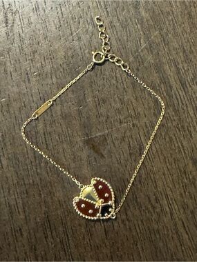 Gold Ladybug Pendant Bracelet with Red Enamel - Women Jewelry